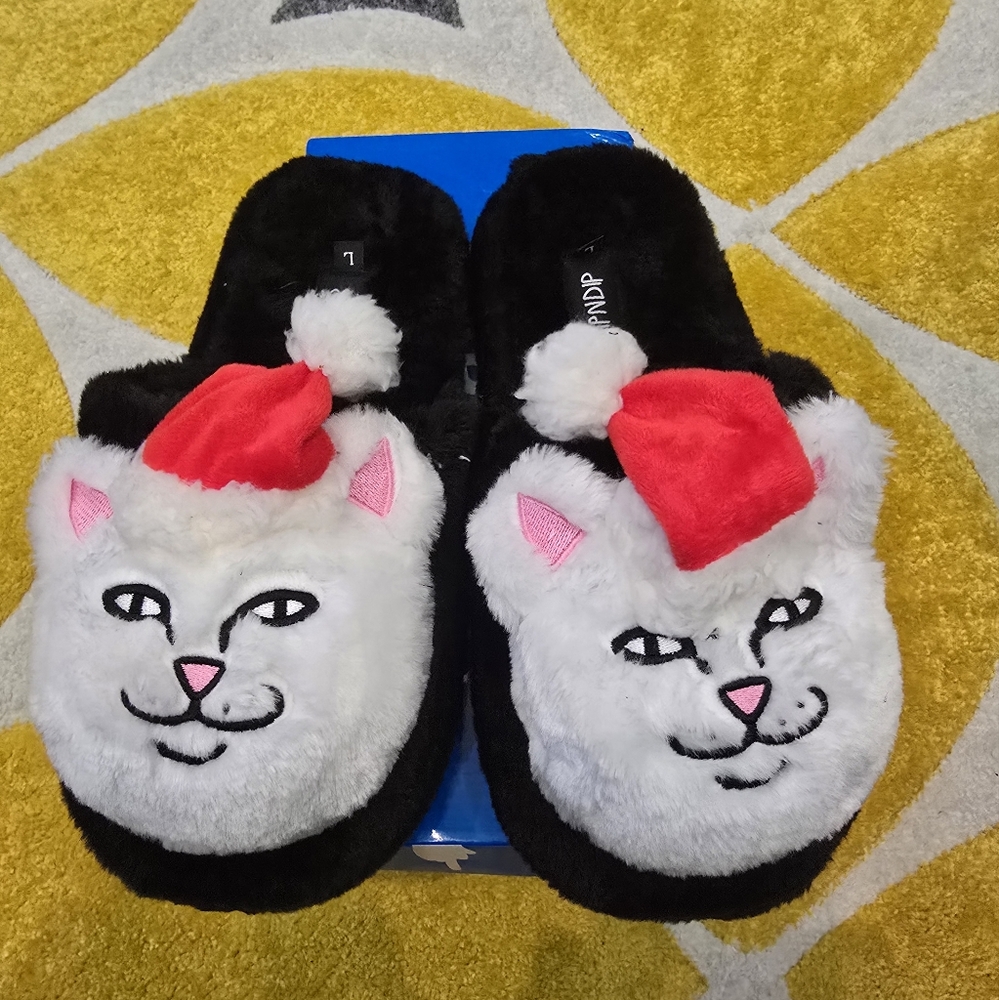 RipNDip Black and White Cat Slippers with Santa Hat